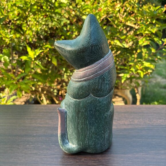 Vintage Hand Carved Wooden Cat Figurine with Bow Tie MCM Folk Art Green Cat - Picture 4 of 12